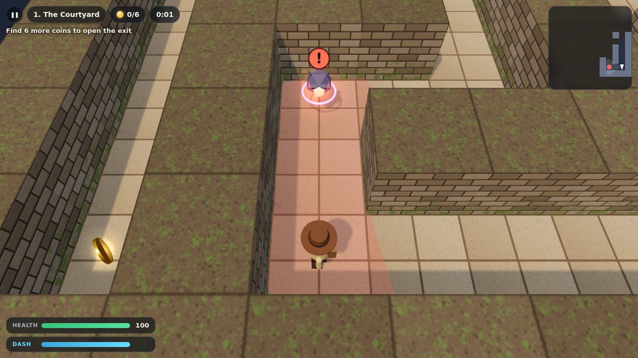 The game: the explorer in a corridor, a sentry that has spotted them with its red sight cone on the floor, and a gold coin